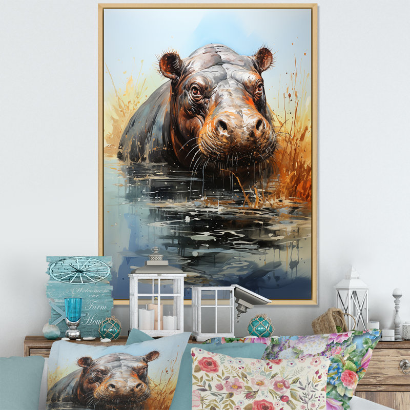 Gris majestueux Hippo Elegance V - art mural hippopotame, Cadre flottant brun, H 20 po x l 12 po x P 1 po
