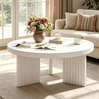 33.4-inch Small Round Coffee Table with Fluted Legs & 1.3" Thick Top, Accent Table for Living Room