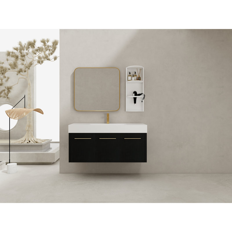 Meuble-lavabo mural de 48 po avec lavabo en résine à rebords épais, armoire de rangement à trois portes, support séparé, matériau Scratch: lavabo, plan