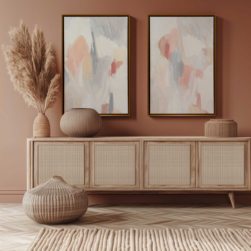 Doux rosé et crème, ensemble abstrait de 2, Cadre flottant noir satiné, H 30 po x l 42 po