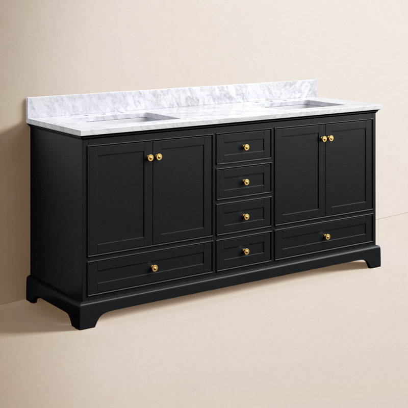 Audrey 72'' Double Bathroom Vanity with Carrara Marble Top, Black Onyx | Brushed Gold