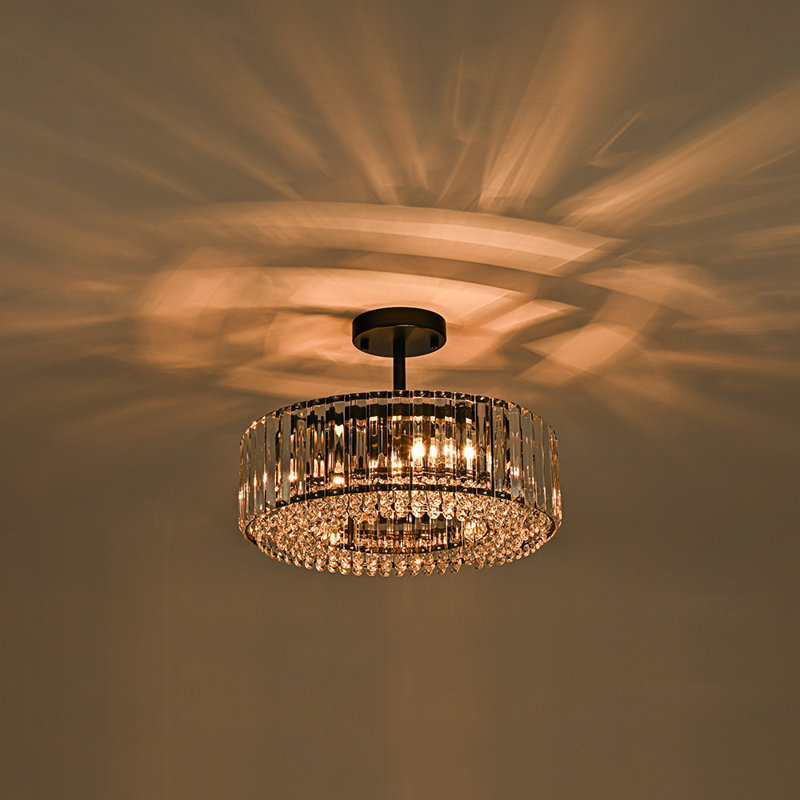Luxury 4-Light Round Drum Crystal Semi-Flush Ceiling Light, Matte Black