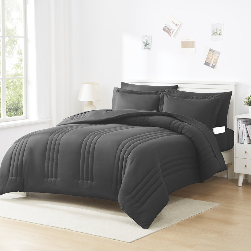 8 Piece Quilted Solid Stripe Comforter, Sheet Set And Mattress Protector Bedding Bundle, Full, Charcoal
