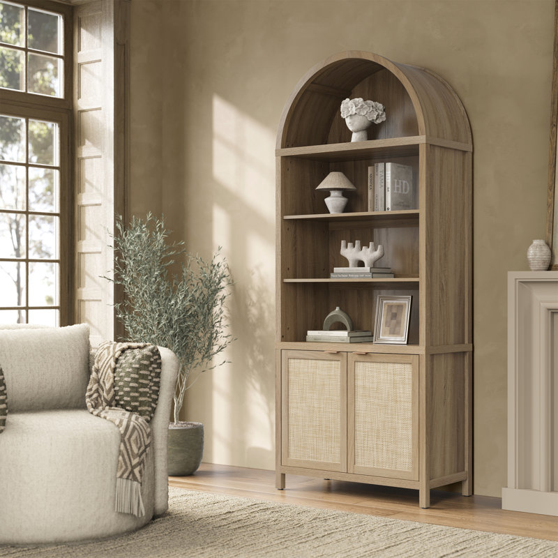 84.25''H Rattan Arched Bookcase With Adjustable Shelf, Light Oak