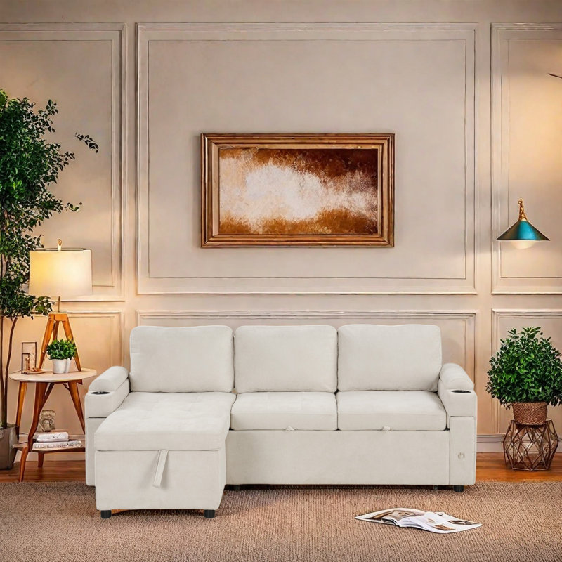 Canapé-lit convertible en L avec porte-gobelets, ports USB, méridienne réversible, compartiments de rangement, canapé en tissu chenille pour le salon