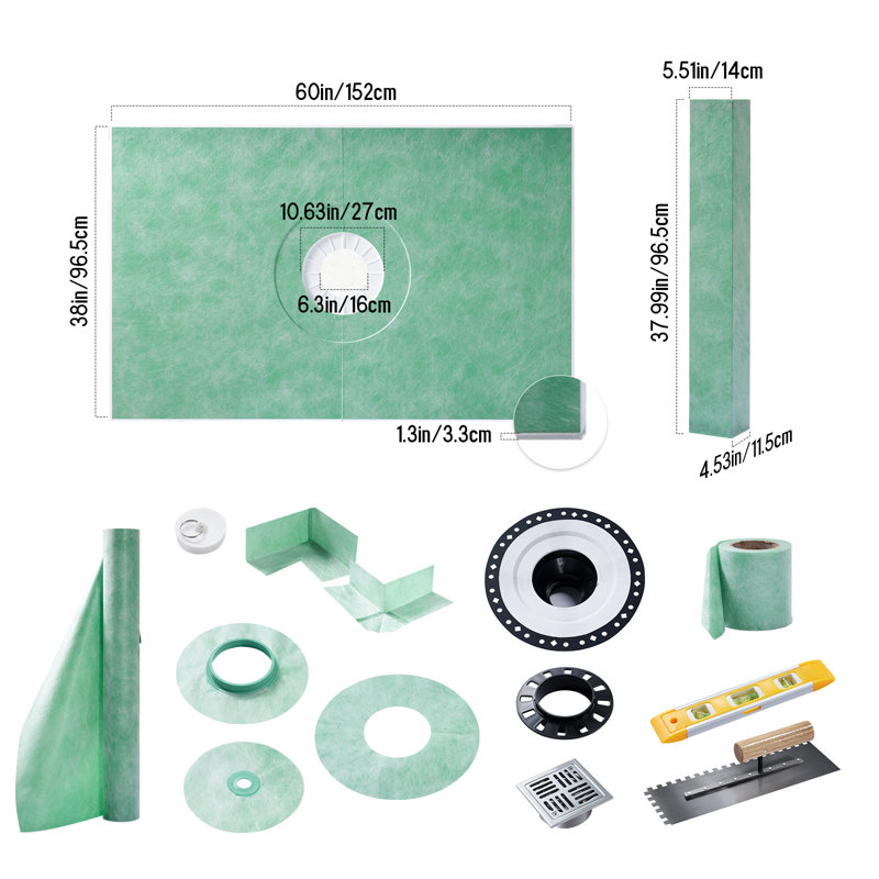 Ensemble de bordure de douche 38 po x 60 po, ensemble d'installation de douche complète avec plateau, bordure, membrane imperméable, joints, coins, bride de fixation, truelle et niveau - prise centrale