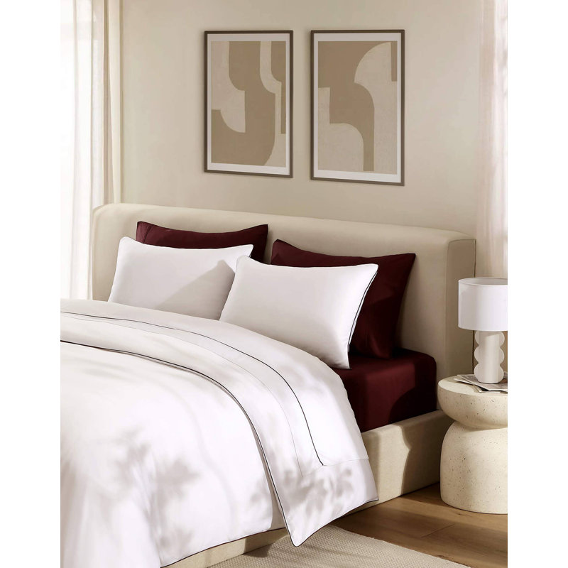 Luxe Bamboo Duvet Cover With Piping, King Duvet Cover, White/Taupe