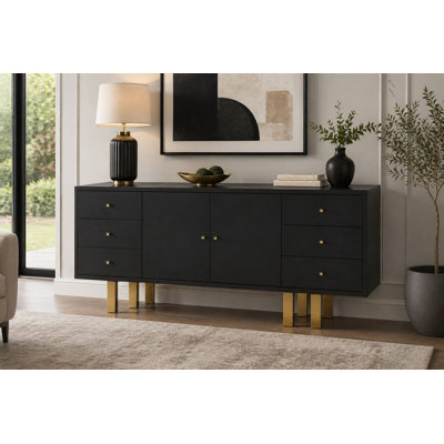 Bravo 79" Matte Black Fully Assembled Buffet with Matte Gold Handles & Legs