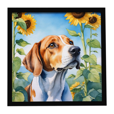 English Foxhound in Sunflowers Framed Metal Print