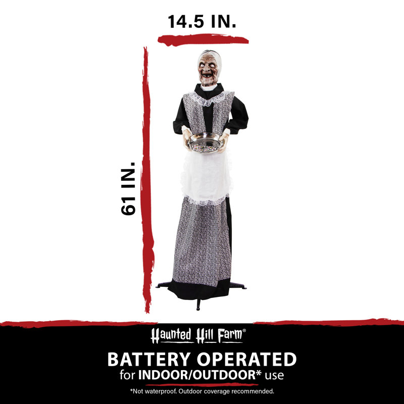 All Animatronics Haunted Hill Farm 61 In. Life-Size Animatronic, Scary Talking Zombie Maid Holding Tray with Touch Activated Lights and Sound
