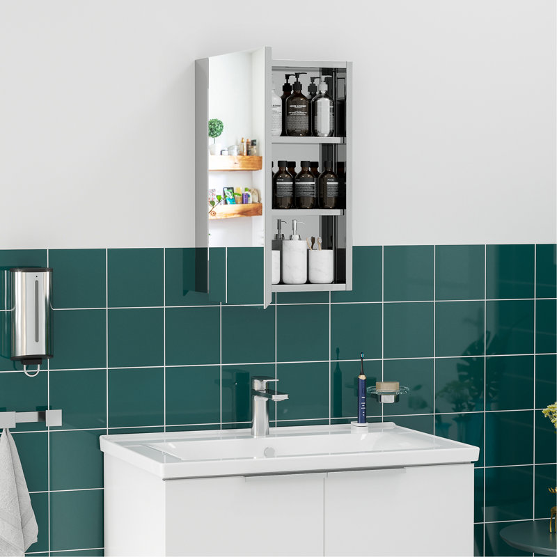 Armoire de salle de bain argentée avec miroir - 15 po x 24 po, porte à charnières et tablettes de rangement pour le salon et la buanderie 15,18 po