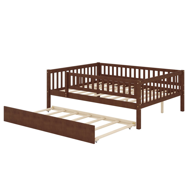 Wood Daybed with Trundle and Fence Guardrails, Full, Walnut