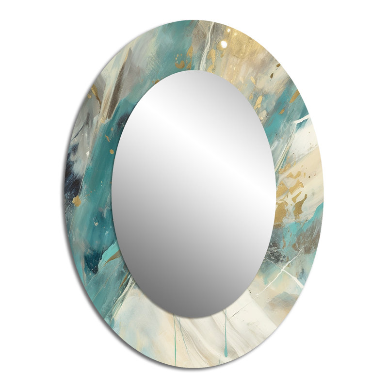 Turquoise Serendipity Abstract Painting II - Teal Modern Oval Wall Mirror, 40" x 30"