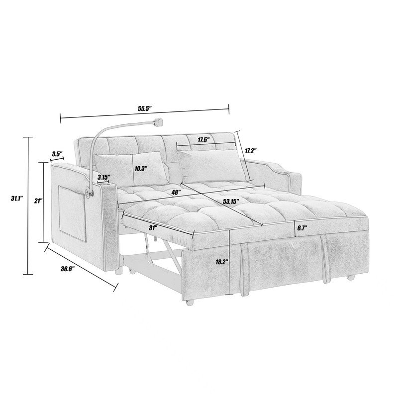 55.51" versatile foldable sofa bed in 3 lengths,  adjustable back and with USB port and ashtray and swivel phone stand