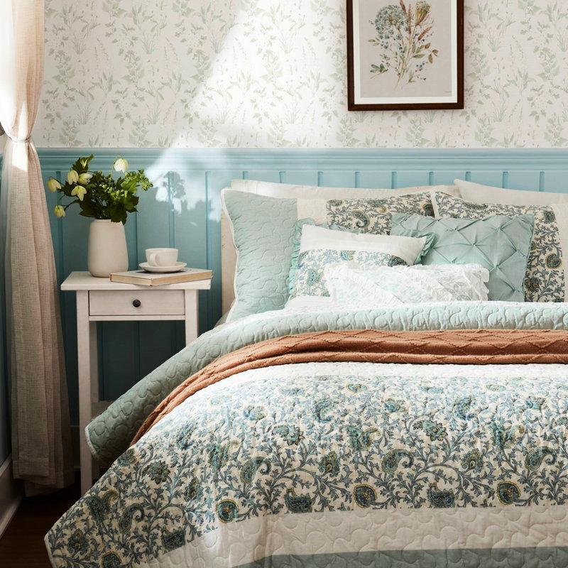6 pièces courtepointe très grand / très grand - coton aube avec coussins décoratifs en lin, Turquoise