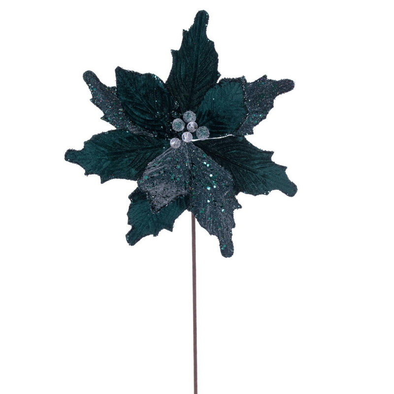 Vickerman 11.5" x 20" Velvet Sugar Poinsettia Stem. It includes three pieces per bag., Dark Green