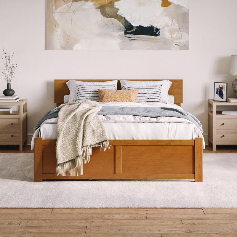 Orlando Solid Wood Platform Bed with Panel Footboard & Trundle, Queen