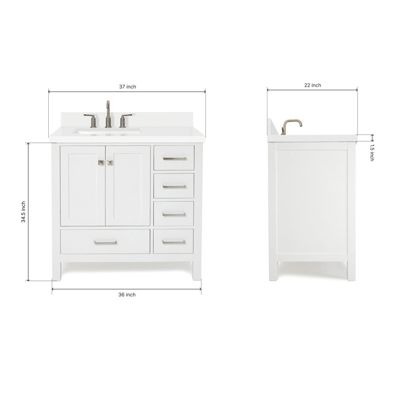 Cambridge 37'' Solid Wood Single Bathroom Vanity in White, with 1.5'' Pure White Quartz Top, Left Offset, Rectangle Sink