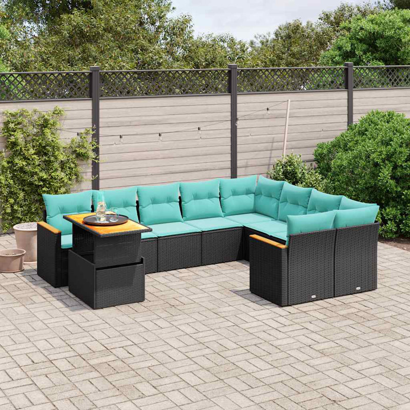  Ensemble de canapé de patio 10 pièces avec coussins en rotin de polyester, Noir, Vert