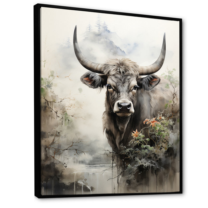 Bedriye, art asiatique, vache Sumi - impression, Cadre flottant noir, H 32 po x l 24 po x P 1 po