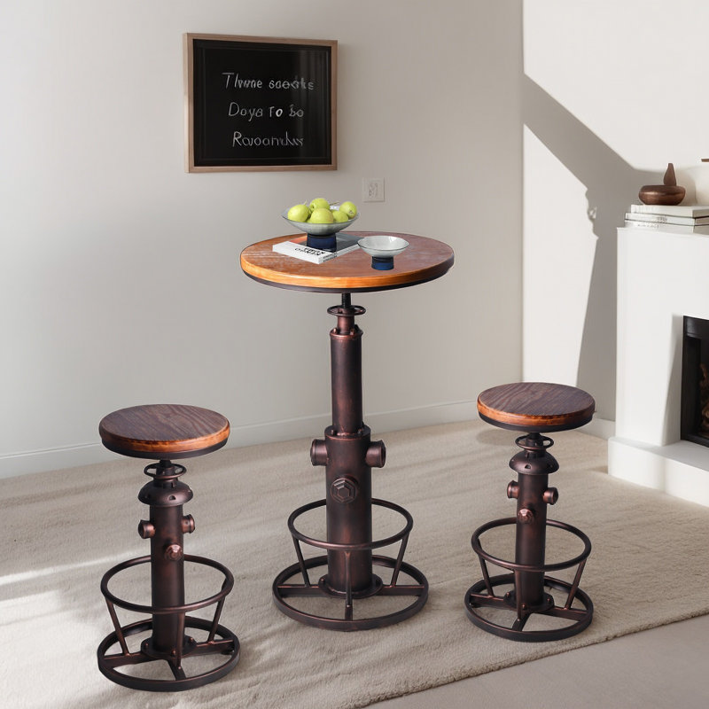 Industrial Bar Table 38.6"-44.5" Height Adjustable Swivel Round Wood Tabletop 23.6" Dia, Kitchen Dining Office Coffee Bistro Pub Table