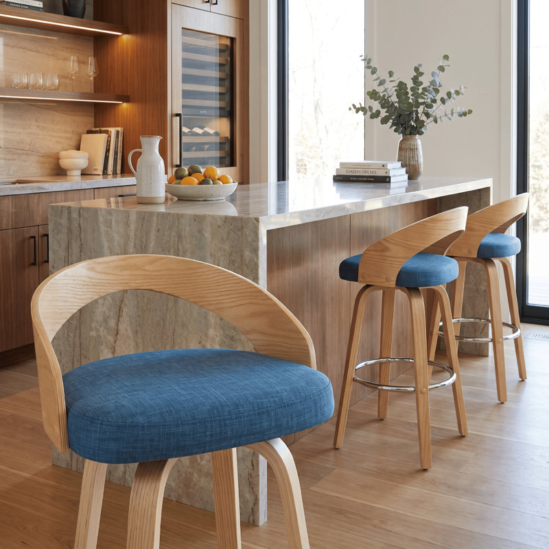 Tabouret de bar ou de comptoir pivotant moderne Maxime avec siège rembourré et dossier en bois courbé, Bleu, 1