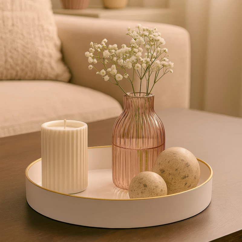 Mimosa Round Tray, Gold Accented Trims, Glossy White