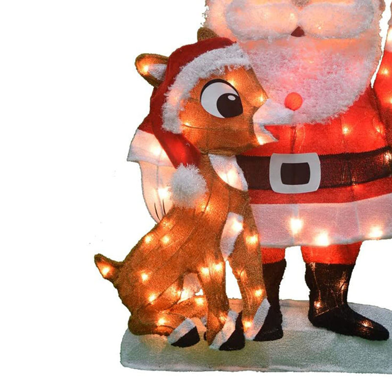 Pre Lit Fabric Santa Claus And Rudolph 2D Outdoor Holiday Lawn Ornament Christmas Yard Decoration With 70 Clear Lights And Stand