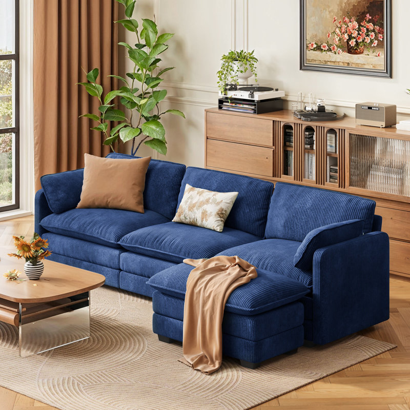 Canapé Cloud 3 places en velours côtelé de 110 pouces, canapé moderne rembourré à compression avec accoudoirs carrés et pouf amovible.
