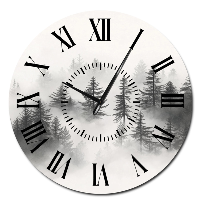 Horloge murale rustique en métal, motif pins brumeux gris et blancs monochromes, silencieuse, Surdimensionné