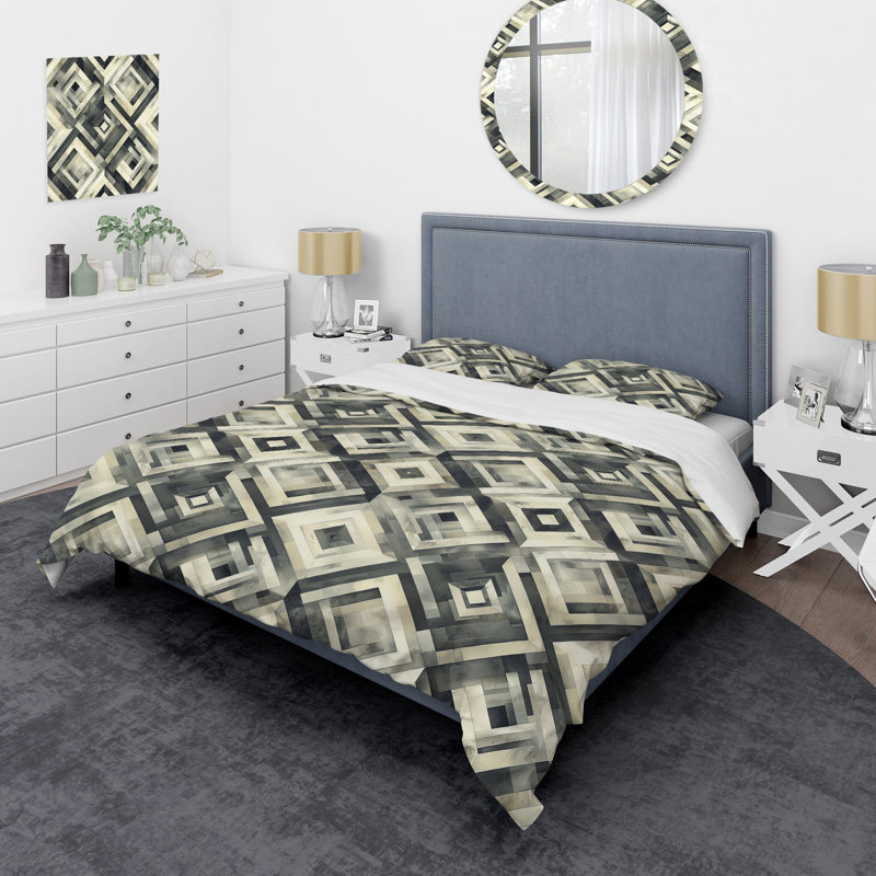 Ensemble de housse de couette moderne à motif floral noir et beige I, Housse de couette pour grand lit et 2 taies décor