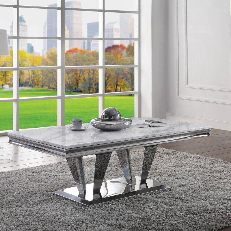 Elegant 54'' Light Grey Marble & Mirrored Silver Coffee Table