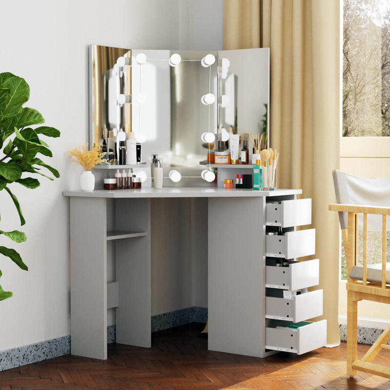 Adest Tri-Fold Mirror Dressing Table with 5 Drawers and 3 Lighting Modes, Grey