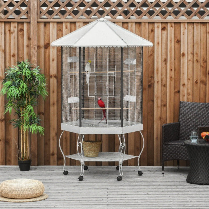 Cage à oiseaux hexagonale avec auvent de protection, volière portative pour l'intérieur et l'extérieur