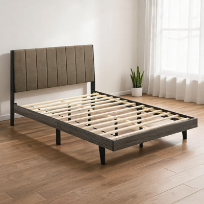 Lit plateforme tapissier gris ardoise et brun pour chambre à coucher, lit grand format en bois massif et en tissu avec support de matelas fiable