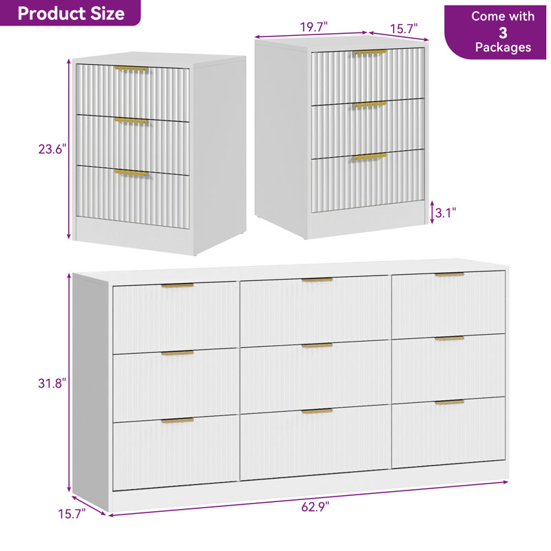 3-Piece 9-Drawer Dresser & 3-Drawer Nightstand Set, White