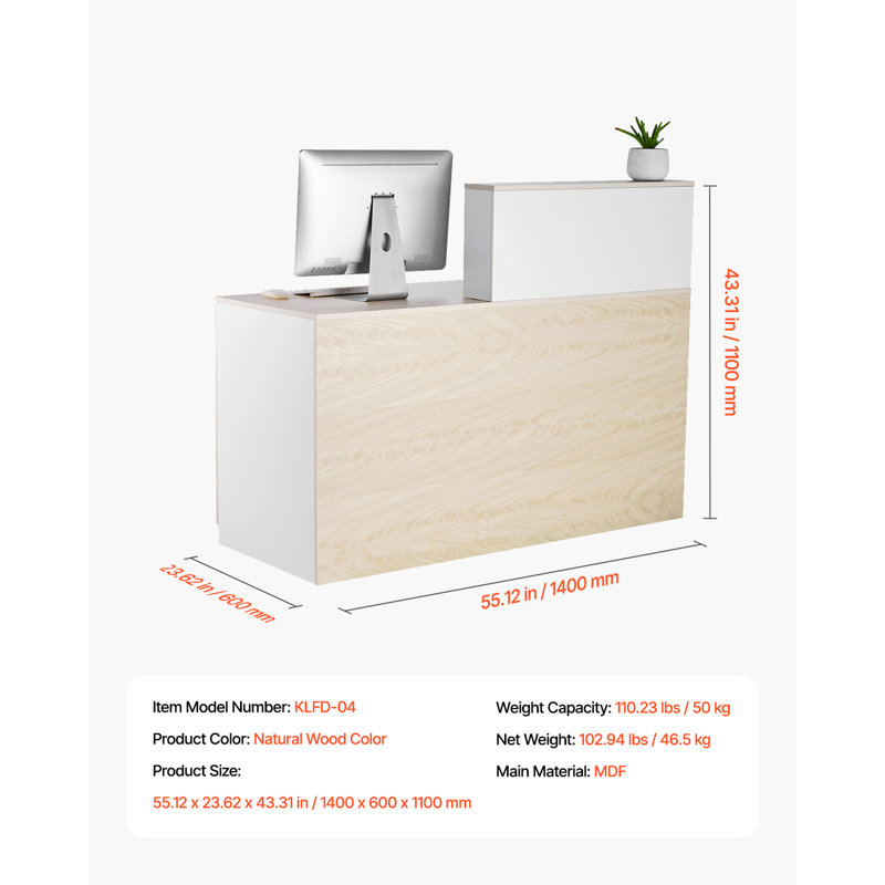Reception Desk Rectangular Front Counter Table 55.12 in Wood Office Table