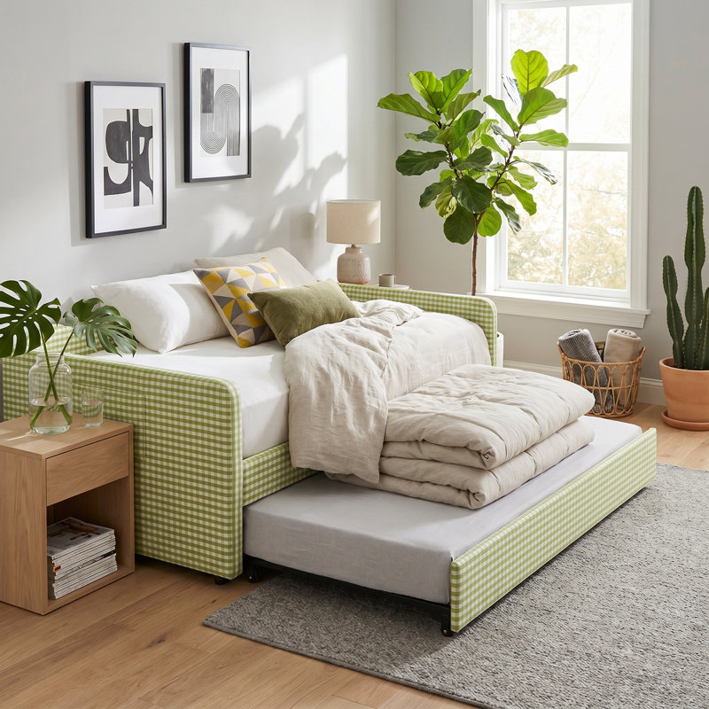 Lit de jour double avec lit gigogne escamotable, canapé-lit en vichy rembourré avec poche de rangement latérale, structure en bois massif, lit de jour multifonctionnel 3 en 1 pour chambre à coucher, chambre d'amis