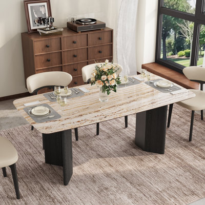 Table de salle à manger rectangulaire en pierre frittée de 63 po, table de cuisine moderne avec pieds en bois massif noir, plateau de table en pierre pour les sièges 4-6