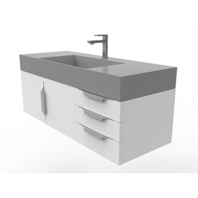 48" Wall Mounted Single Bathroom Vanity With Solid Surface Vanity Top - White Base, Gray Top, Chrome Handles