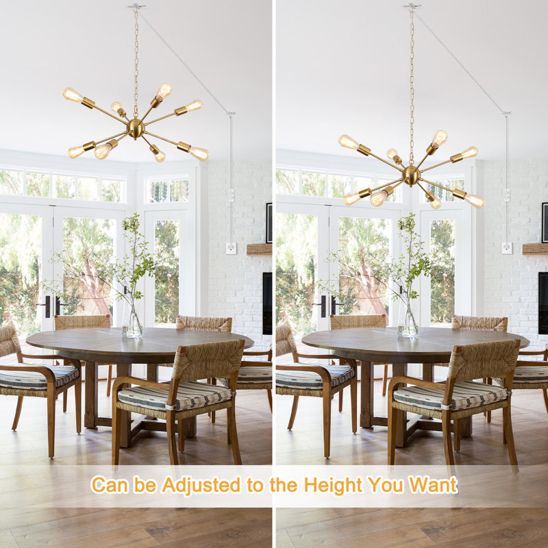 Pushkar 8 - Light Industrial Dining Room Chandelier, Modern Plug in Sputnik Sphere Chandelier with Cord & ON/OFF Switch, Gold