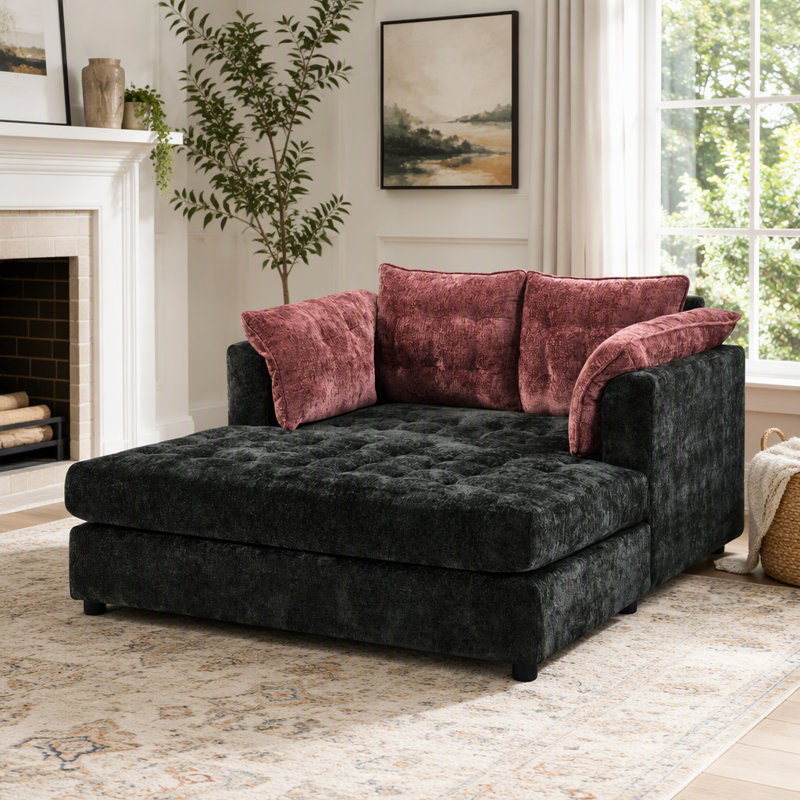 Canapé méridienne surdimensionné de 139 cm avec accoudoirs, coussins et tissu chenille, Noir, chenille rouge
