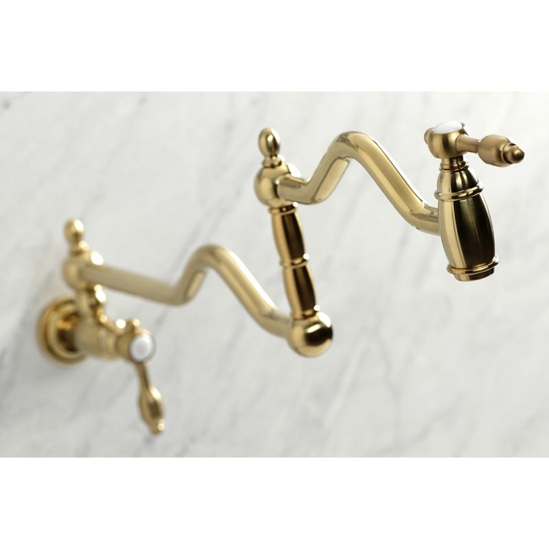 Kingston Brass Heritage Two-Handle 1-Hole Wall Mount Pot Filler Faucet, Brushed Brass, Metal Lever