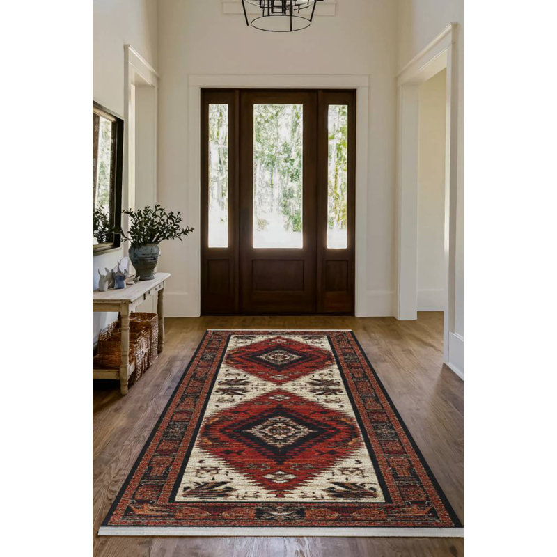 Strawbridge Burgundy Beige Moroccan Machine Printed Cotton Polyester Area Rug, Runner 2'8" x 13'2"