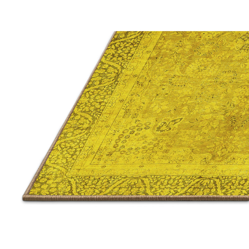 Tapis de couleur unie en laine / polyester tissé à la machine en jaune, Rectangle 8 pi x 10 pi