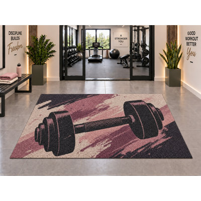 Tapis d'extérieur 5' x 7' à motif haltères et coups de brosse, rose poudré, crème anthracite, équipement de gym, tapis bouclé en PVC imperméable et épais, séchage rapide, tapis intérieur/extérieur pour salle de sport, porche, terrasse, entrée.