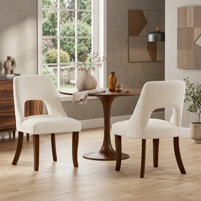 Set of 2 Modern Upholstered Dining Chairs — Beige Chenille Fabric with Curved Solid Wood Legs & Elegant Tufted Back