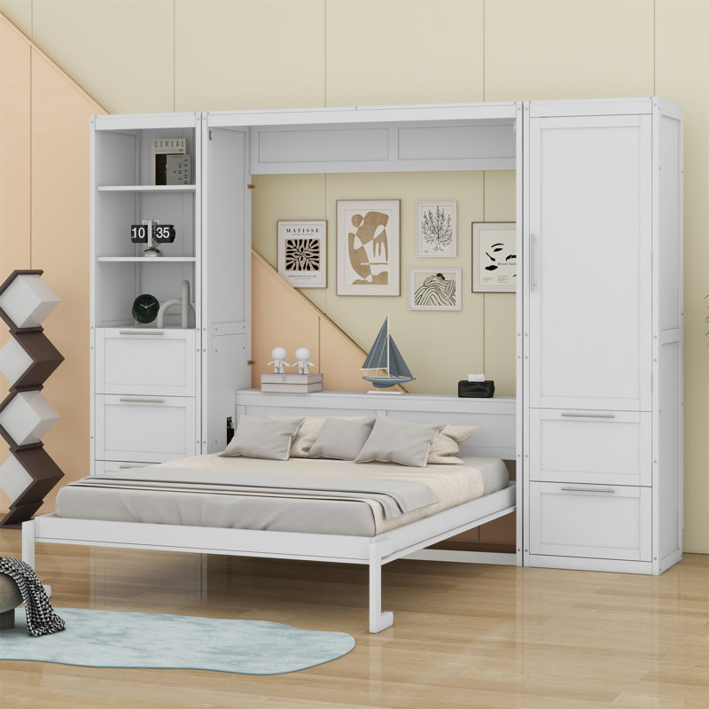 Lit escamotable Murphy avec placard, tiroirs et tablettes, Blanc