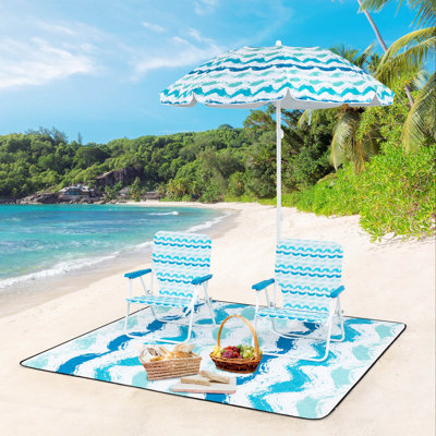 4 PCS Beach Umbrella Set with 2 Foldable Chairs & Picnic Blanket, Tilt Mechanism Blue