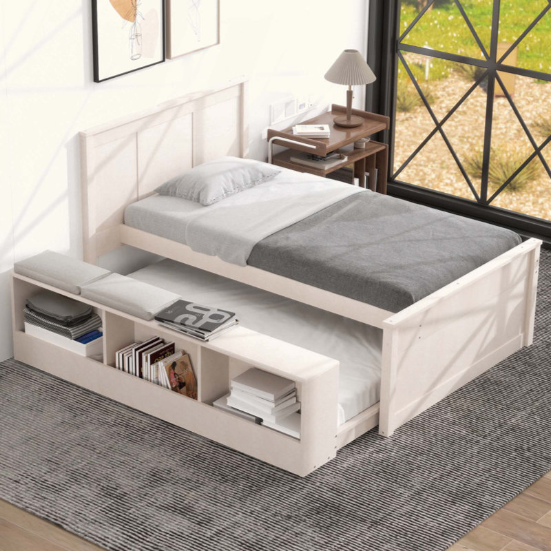 Lit plateforme en bois avec lit gigogne escamotable, armoire de rangement, Blanc, crème, Twin
